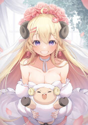 Rule 34 | 1girl, absurdres, alternate costume, animal ears, bare shoulders, blonde hair, breasts, bride, choker, cleavage, collarbone, commentary request, dress, eat some cookie, head wreath, highres, holding, hololive, horns, large breasts, long hair, looking at viewer, purple eyes, revision, sheep ears, sheep girl, sheep horns, smile, tsunomaki watame, virtual youtuber, watamate, wedding dress, white choker