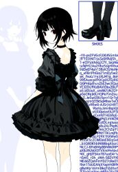 Rule 34 | 1girl, back bow, black bow, black choker, black dress, black eyes, black footwear, black hair, black socks, bow, choker, closed mouth, dress, feet out of frame, frilled dress, frills, from behind, high heels, jaggy lines, looking at viewer, looking back, multiple views, nithzenithh, original, shoes, short dress, short hair, sleeves past elbows, socks, solo focus, standing, text background