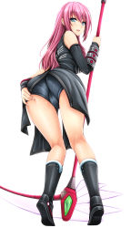 Rule 34 | 1girl, :d, ass, ass grab, bare shoulders, blue eyes, blush, boots, grabbing own ass, highres, knee boots, kneepits, long hair, looking back, open mouth, phantasy star, phantasy star portable 2, phantasy star portable 2 infinity, pink hair, scythe, smile, solo, tiptoes, trefoil, uni8, weapon