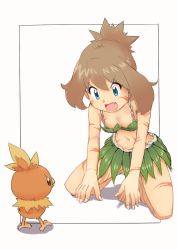 Rule 34 | 1girl, bad id, bad pixiv id, bare shoulders, barefoot, bikini, blue eyes, bodypaint, breasts, brown hair, child, collarbone, creatures (company), facepaint, fang, feet, female focus, fingernails, game freak, gen 3 pokemon, hands on floor, height difference, kneeling, leaf bikini, leaf skirt, legs, may (pokemon), medium hair, midriff, navel, nintendo, no panties, nyonn24, open mouth, pokemon, pokemon (creature), pokemon adventures, pokemon rse, short ponytail, simple background, size difference, skirt, small breasts, swimsuit, thighs, toenails, toes, torchic, white background