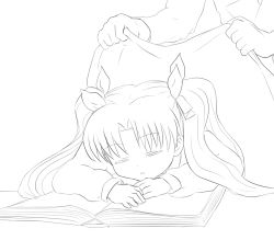 Rule 34 | 1girl, blanket, book, bow, covering privates, covering with blanket, drawfag, closed eyes, fate/stay night, fate/zero, fate (series), greyscale, hair bow, head out of frame, lineart, monochrome, non-web source, open book, sleeping, tohsaka rin, twintails, unfinished, aged down