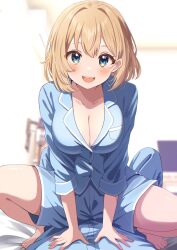 Rule 34 | 1girl, 1other, absurdres, barefoot, bed sheet, blonde hair, blue eyes, blue pants, blue shirt, blurry, blurry background, blush, breasts, cleavage, collarbone, commentary request, hair between eyes, hair intakes, highres, indoors, large breasts, long sleeves, looking at viewer, on bed, open mouth, original, pants, pov, shirt, short hair, siokazunoko, sitting, sitting on person, smile