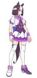 Rule 34 | 1girl, absurdres, animal ears, blue bow, bow, commentary, crop top, from side, full body, hair between eyes, highres, horse, horse ears, horse girl, horse tail, multicolored hair, puffy short sleeves, puffy sleeves, purple eyes, saitama (antitankromeo), short hair, short sleeves, simple background, solo, special week (umamusume), tail, thighhighs, two-tone hair, umamusume, white background, white hair, white thighhighs