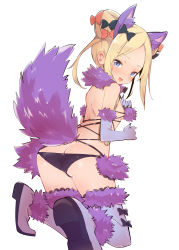 Rule 34 | 1girl, abigail williams (fate), animal ears, ass, black bow, black panties, blush, boots, bow, breasts, caburi, cosplay, double bun, elbow gloves, fake animal ears, fake tail, fate/grand order, fate (series), fur-trimmed gloves, fur-trimmed legwear, fur trim, gloves, hair bow, hair bun, head tilt, highres, looking at viewer, mash kyrielight, mash kyrielight (dangerous beast), mash kyrielight (dangerous beast) (cosplay), official alternate costume, orange bow, panties, parted lips, purple gloves, purple thighhighs, revealing clothes, simple background, small breasts, solo, tail, thigh boots, thighhighs, underwear, white background, wolf ears, wolf tail