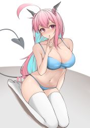 Rule 34 | 1girl, ahoge, bare arms, bare shoulders, blue bra, blue panties, bra, breasts, cleavage, collarbone, colored inner hair, demon girl, demon horns, demon tail, finger to mouth, hand up, highres, horns, large breasts, long hair, looking at viewer, mole, mole under eye, multicolored hair, navel, no shoes, original, panties, parfait desu, parfy (parfait ehmy), pink hair, red eyes, seiza, sitting, solo, spaghetti strap, stomach, string bra, string panties, tail, tail raised, thighhighs, two-tone hair, underwear, underwear only, very long hair, white thighhighs