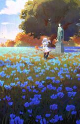 Rule 34 | 1girl, absurdres, arms behind back, blue flower, blue sky, brown footwear, capelet, cloud, elf, field, flower, flower field, frieren, from behind, grass, highres, himmel (sousou no frieren), holding, holding staff, long hair, mage staff, condenser unit, outdoors, pointy ears, poupee (capo sung), scenery, sky, sousou no frieren, staff, standing, statue, tree, twintails, white capelet, white hair
