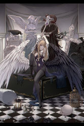 Rule 34 | 1girl, angel statue, arm up, asymmetrical wings, bad id, bad pixiv id, bird, birdcage, black pantyhose, black wristband, blonde hair, boots, cage, checkered floor, cross, crow, dress, elbow gloves, feathered wings, flower, gloves, goth fashion, highres, holding, holding cross, lantern, licking lips, long sleeves, low wings, maid headdress, merry hearm, mismatched wings, original, pantyhose, purple eyes, ram skull, rubble, single boot, sitting, skeleton, skull, solo, tombstone, tongue, tongue out, white wings, wings