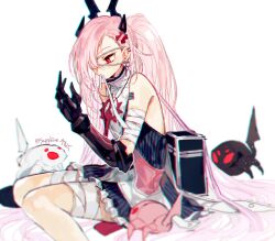 Rule 34 | 1girl, alexia (forever 7th capital), applying bandages, bag, bandaged leg, bandages, bare shoulders, claws, dress, eyepatch, forever 7th capital, frilled dress, frills, hair over one eye, half updo, hand up, horns, long hair, medical eyepatch, pink hair, red eyes, sapphire (nine), sitting, solo, very long hair, white dress