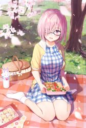 Rule 34 | 1girl, :d, basket, bento, black-framed eyewear, blanket, blue dress, blurry, blurry foreground, blush, bow, box, breasts, casual, checkered clothes, checkered dress, cherry blossoms, day, depth of field, dress, eyes visible through hair, fate/grand order, fate (series), food, fou (fate), full body, glasses, grass, hair over one eye, hanami, head tilt, highres, holding, holding box, jacket, looking at viewer, mash kyrielight, mash kyrielight (senpai killer outfit), medium breasts, nanotaro, no shoes, official alternate costume, on ground, open clothes, open jacket, open mouth, outdoors, pink hair, purple eyes, shade, short hair, short sleeves, sitting, smile, socks, solo, spring (season), thermos, tree, white bow, white socks, wrapper, yellow jacket