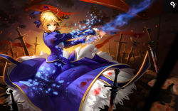 Rule 34 | 1girl, ahoge, artoria pendragon (all), artoria pendragon (fate), aura, banner, battlefield, blonde hair, blood, blood stain, blue dress, braid, dress, fate/stay night, fate (series), field of blades, glowing, glowing weapon, green eyes, hair bun, highres, invisible air (fate), liang xing, looking at viewer, looking back, multiple swords, saber (fate), shatter, single hair bun, solo, sword, weapon
