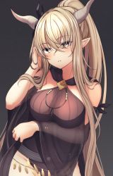 Rule 34 | 1girl, arknights, arm under breasts, bare shoulders, black one-piece swimsuit, blonde hair, blush, breasts, commentary, cowboy shot, demon horns, hair between eyes, highres, horns, kogetsu azami, long hair, looking at viewer, medium breasts, official alternate costume, one-piece swimsuit, parted lips, pointy ears, shining (arknights), shining (silent night) (arknights), sidelocks, solo, swimsuit, very long hair, yellow eyes