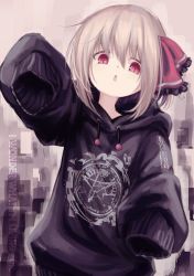 Rule 34 | 1girl, absurdres, blonde hair, casual, english text, highres, hood, hoodie, lit ter, open mouth, oversized clothes, pentagram, red eyes, rumia, short hair, sleeves past fingers, sleeves past wrists, slit pupils, solo, touhou, upper body