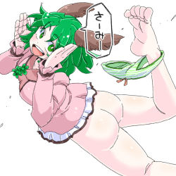 Rule 34 | 1girl, animal ears, aono3, ass, bare legs, barefoot, blush, cold, green eyes, green hair, kasodani kyouko, leg up, looking back, matching hair/eyes, no pants, open mouth, panties, panties around leg, short hair, simple background, smile, soles, solo, speech bubble, striped clothes, striped panties, toes, touhou, underwear, white background