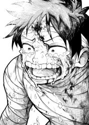 Rule 34 | 1boy, absurdres, bandages, black hair, blood, blood on face, crying, facial scar, greyscale, highres, injury, monkey d. luffy, monochrome, one piece, open mouth, runny nose, scar, scar on cheek, scar on face, snot, solo, tagme, tears, yotsumi shiro