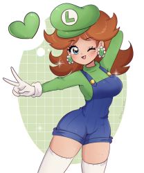 Rule 34 | 1girl, absurdres, arm behind head, arm up, blue eyes, blue overalls, blush, breasts, brown hair, chellyko, cosplay, denim, earrings, female focus, flower earrings, gloves, green background, green hat, grey shirt, grin, hat, heart, highres, jewelry, long hair, long sleeves, looking at viewer, luigi, luigi (cosplay), mario (series), nintendo, one eye closed, open mouth, overalls, princess daisy, shirt, shorts, smile, solo, spoken heart, standing, super mario bros. 1, super mario land, thighhighs, thighs, tomboy, v, white gloves, white thighhighs, wink