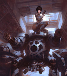Rule 34 | 1girl, android, ass, autocannon, black hair, blue eyes, boots, breasts, cable, cannon, eyebrows hidden by hair, gatling gun, gun, hallway, handgun, highres, holding, holding gun, holding weapon, infi, looking at viewer, looking down, mecha, mechanical arms, medium breasts, multiple-barrel firearm, original, pistol, robot, rotary cannon, science fiction, security camera, short hair, squatting, thick lips, thigh boots, thighhighs, trigger discipline, weapon