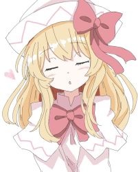 Rule 34 | 1girl, :o, blonde hair, bow, bowtie, capelet, closed eyes, dress, lily white, long hair, long sleeves, open mouth, pointy hat, red bow, red bowtie, sidelocks, solo, theon (te2eo), touhou, upper body, white capelet, white dress, white headwear, wide sleeves