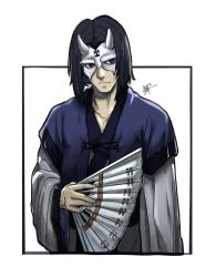 Rule 34 | 1boy, absurdres, ainu clothes, aquaplus, black hair, blue eyes, closed mouth, collarbone, hakuowlo, hand fan, highres, holding, holding fan, holding weapon, kurosu49, layered sleeves, long hair, looking to the side, mask, medium hair, nose, signature, solo, upper body, utawarerumono, weapon, wide sleeves