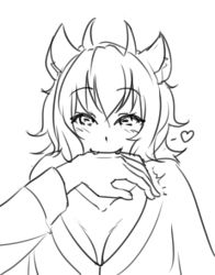 Rule 34 | 1girl, animal ears, biting, biting hand, breasts, chupacabra, cleavage, fangs, greyscale, horns, large breasts, monochrome, monorus, monster girl, naked poncho, original, personification, poncho, short hair, sketch, solo focus