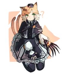Rule 34 | 1girl, ?, animal ears, arknights, black dress, black gloves, black necktie, black thighhighs, brown hair, cat ears, cat girl, cat tail, claw (weapon), collared shirt, dress, fingerless gloves, gloves, green eyes, hat, highres, looking at viewer, mini hat, mousse (arknights), multicolored hair, multiple tails, necktie, orange hair, seiza, shirt, short hair, simple background, sitting, solo, tail, thighhighs, truffletrefla, two tails, weapon, white background, white hair, white shirt