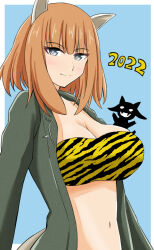 Rule 34 | 1girl, 2022, animal ears, animal print, bandeau, black jacket, blue background, blue eyes, blush, breasts, brown hair, chinese zodiac, cleavage, closed mouth, commentary, gundula rall, half-closed eyes, highres, jacket, large breasts, looking at viewer, medium hair, miyafuji yoshika, navel, new year, open clothes, open jacket, print bandeau, shikokuken (mrykk24), silhouette demon, smile, solo, standing, strike witches, tiger print, world witches series, year of the tiger, yellow bandeau