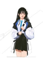 Rule 34 | 1girl, aris (blue archive), asian, b66wt, black hair, black hairband, black jacket, black skirt, blue archive, blue eyes, blue necktie, closed mouth, collared shirt, cowboy shot, expressionless, hairband, highres, holding strap, jacket, long hair, long sleeves, looking to the side, miniskirt, multicolored clothes, multicolored jacket, necktie, one side up, pleated skirt, realistic, shirt, sidelocks, sideways glance, simple background, sketch, skirt, solo, weapon, weapon on back, white background, white jacket, white shirt