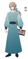 Rule 34 | 1boy, abacus, black footwear, blue eyes, brown hair, chinese clothes, chinese text, earrings, full body, hair ribbon, hanfu, highres, holding, jewelry, long hair, long sleeves, looking at viewer, low ponytail, male focus, ponytail, puffy long sleeves, puffy sleeves, qiushiri, ribbon, simple background, solo, standing, white background, yuanlingshan, zoom layer