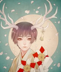 Rule 34 | 1boy, antlers, blue background, brown eyes, brown hair, closed mouth, commentary request, eyeshadow, highres, horn ornament, horns, japan (hetalia), japanese clothes, kimono, looking at viewer, makeup, male focus, murasaki (fioletovyy), solo, tassel, upper body