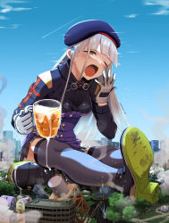 Rule 34 | 1girl, absurdres, alcohol, beer, beret, bird, blue sky, blush, building, city, commentary, commentary request, cup, day, destruction, drunk, english commentary, eudetenis, fountain, full body, giant, giantess, girls&#039; frontline, gloves, green eyes, hat, highres, hk416 (girls&#039; frontline), long hair, mug, one eye closed, outdoors, partial commentary, shoe soles, shoes, silver hair, sitting, skirt, sky, smoke, solo, thighhighs, yawning
