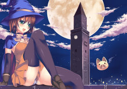 Rule 34 | 1girl, :d, alice wishheart, black thighhighs, bow, breasts, brown hair, cape, choker, clock, clock tower, clothes lift, cloud, earrings, elbow gloves, fang, full moon, gloves, green eyes, hat, iroha (unyun), jewelry, loafers, looking at viewer, magical halloween, moon, night, night sky, open mouth, orange skirt, panties, pantyshot, shoes, short hair, sitting, skirt, skirt lift, sky, smile, solo, star (symbol), star earrings, thighhighs, tower, underwear, upskirt, witch hat