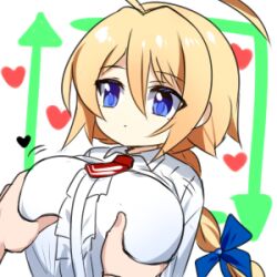 Rule 34 | 1girl, 1other, :o, ahoge, arrow (symbol), blazblue, blonde hair, blue bow, blue eyes, bow, braid, braided ponytail, breasts, center frills, commentary, english commentary, es (xblaze), expressionless, frills, grabbing, grabbing another&#039;s breast, groping, hair between eyes, hair bow, heart, huge ahoge, kkis-i, large breasts, like and retweet, long hair, long sleeves, lowres, meme, motion lines, necktie, open mouth, out of frame, red necktie, retweet (meme), shirt, simple background, single braid, tented shirt, underbust, white background, xblaze, xblaze code: embryo