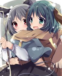 Rule 34 | 2girls, :d, animal ears, bad id, bad pixiv id, capelet, dowsing rod, fang, green eyes, green hair, grey hair, hug, hug from behind, kasodani kyouko, mouse ears, mouse tail, multiple girls, nazrin, open mouth, red eyes, scarf, shared clothes, shared scarf, skirt, smile, tail, touhou, uguisu mochi (ykss35)