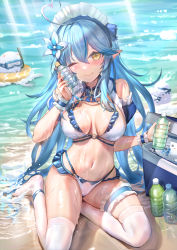 Rule 34 | 1girl, ;), ahoge, bare shoulders, beach, bikini, blue bow, blue bowtie, blue hair, blue nails, blush, bottle, bottle to cheek, bow, bowtie, breasts, breasts apart, bridal garter, cooler, daifuku (yukihana lamy), day, detached collar, elf, flower, full body, hair between eyes, hair flower, hair ornament, heart, heart ahoge, himonoata, holding, holding bottle, hololive, innertube, large breasts, long hair, looking at viewer, maid headdress, multi-strapped bikini, multicolored hair, nail polish, navel, no shoes, one eye closed, outdoors, pointy ears, short sleeves, simple background, smile, solo, stomach, streaked hair, swim ring, swimsuit, thighhighs, very long hair, virtual youtuber, water, water bottle, wet, white bikini, white flower, white thighhighs, wrist cuffs, yellow eyes, yukihana lamy, yukimin (yukihana lamy)