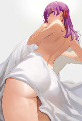 Rule 34 | 1girl, absurdres, ass, back, backboob, bare back, bare shoulders, breasts, closed mouth, fate/stay night, fate (series), from behind, hair ribbon, highres, long hair, looking at viewer, matou sakura, naked towel, purple eyes, purple hair, red ribbon, ribbon, rororo, solo, thighs, towel