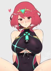 Rule 34 | 1girl, after paizuri, aftersex, bare shoulders, blush, breasts, butter-t, competition swimsuit, cum, cum on body, cum on breasts, cum on upper body, gem, hair ornament, heart, nintendo, one-piece swimsuit, paizuri, paizuri under clothes, pyra (pro swimmer) (xenoblade), pyra (xenoblade), red eyes, red hair, short hair, simple background, solo, spread legs, steam, sweat, swimsuit, tiara, xenoblade chronicles (series), xenoblade chronicles 2