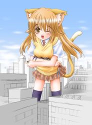 Rule 34 | 1girl, ;d, animal ears, cat ears, cat tail, eichikei (hakuto), fang, femdom, giant, giantess, mini person, miniboy, necktie, one eye closed, open mouth, plaid, plaid skirt, pleated skirt, school uniform, serafuku, skirt, smile, solo, sweater vest, tail, thighhighs
