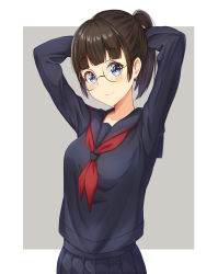 Rule 34 | 1girl, absurdres, angdo (kakajo26), arms behind head, arms up, black-framed eyewear, black hair, black sailor collar, black shirt, black skirt, blue eyes, blunt bangs, blush, breasts, bunching hair, closed mouth, commentary request, glasses, grey background, highres, long hair, long sleeves, looking at viewer, medium breasts, neckerchief, original, pleated skirt, ponytail, red neckerchief, round eyewear, sailor collar, school uniform, serafuku, shirt, sidelocks, skirt, smile, solo, two-tone background, upper body, white background