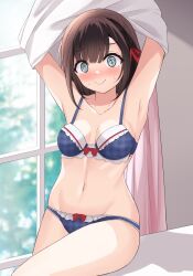 Rule 34 | 1girl, @ @, absurdres, armpits, arms up, black hair, blue bra, blue panties, blurry, blurry background, blush, bow, bow bra, bow panties, bra, breasts, closed mouth, clothes lift, commentary, curtains, day, dressing, embarrassed, frilled bra, frills, groin, hair ribbon, highres, indoors, lifted by self, looking at viewer, medium breasts, medium hair, navel, original, panties, red ribbon, ribbon, salve (lindasakura), shirt lift, sitting, smile, solo, sweatdrop, underwear, underwear only, undressing, window