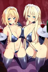 Rule 34 | 2girls, asymmetrical docking, bare hips, bare shoulders, black choker, black gloves, black thighhighs, blonde hair, blue eyes, blush, bottle, braid, breast press, breasts, choker, cleavage, collarbone, commentary, commission, cup, drinking glass, elbow gloves, embarrassed, english commentary, gloves, hair intakes, hand on another&#039;s shoulder, highres, holding, holding tray, iris von austria, kneeling, large breasts, lindaroze, long hair, looking at viewer, maid headdress, mashou no nie, mireille von austria, multiple girls, navel, red wine, shadow, siblings, sisters, slingshot swimsuit, swimsuit, thighhighs, thighs, tray, twitter username, very long hair, watermark, web address, wine, wine bottle, wine glass