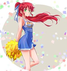 Rule 34 | 1girl, arms behind back, cheerleader, commentary request, from side, green eyes, hair ribbon, iesupa, long hair, pom pom (cheerleading), ponytail, pyrrha nikos, red hair, ribbon, rwby, solo, standing, standing on one leg, very long hair