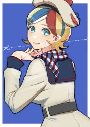 Rule 34 | 1girl, absurdres, alternate hair length, alternate hairstyle, beret, blonde hair, blue eyes, blue hair, commandant teste (kancolle), commentary request, from behind, hat, highres, jacket, kantai collection, lips, looking at viewer, looking back, multicolored clothes, multicolored hair, multicolored scarf, pom pom (clothes), red hair, scarf, short hair, solo, streaked hair, swept bangs, toriniku senshi chikinman, upper body, wavy hair, white hair