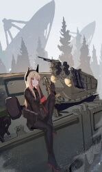 Rule 34 | 1girl, absurdres, black pantyhose, black shirt, blonde hair, character request, closed mouth, commission, gar32, girls&#039; frontline, gun, hairband, highres, long hair, long sleeves, m4 sopmod ii (girls&#039; frontline), military, military vehicle, motor vehicle, multicolored hair, outdoors, pantyhose, red eyes, rifle, shirt, sitting, smile, solo, streaked hair, tank, weapon