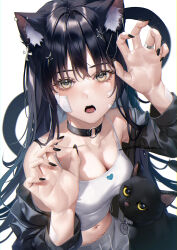 Rule 34 | 1girl, animal ear fluff, bandaid, bandaid on face, black cat, black hair, black jacket, black nails, breasts, camisole, cat, cat girl, choker, claw pose, cleavage, ear piercing, earrings, fingernails, grey pants, highres, jacket, jewelry, long fingernails, long hair, looking at viewer, medium breasts, mhru, midriff, navel, open clothes, open jacket, open mouth, original, pants, piercing, ring, sleeveless, solo, spaghetti strap, sweatpants, white camisole