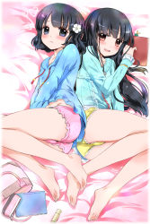 Rule 34 | 2girls, arm up, ass, ass-to-ass, back-to-back, bad id, bad pixiv id, bag, barefoot, between legs, black hair, blue eyes, blue shirt, blush, commentary request, feet, flower, hair flower, hair ornament, hand between legs, highres, knees up, legs, long hair, lying, multiple girls, noto (soranoto), on side, open mouth, original, pink shorts, red eyes, shirt, short hair, short shorts, shorts, smile, thighs, toes, trefoil, v arms, yellow shorts