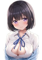 Rule 34 | 1girl, black hair, blue jacket, blue ribbon, blush, breasts, cleavage, clothes pull, collared shirt, commentary request, dress shirt, inoue yurina, jacket, jacket pull, karutamo, large breasts, looking at viewer, neck ribbon, original, partially unbuttoned, purple eyes, ribbon, shirt, short hair, smile, solo, upper body, white background, white shirt