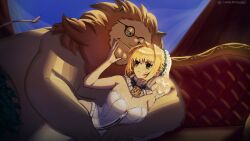 Rule 34 | 1boy, 1girl, absurdres, animal, blonde hair, breasts, cleavage, closed mouth, couch, family guy, fate/grand order, fate (series), glasses, green eyes, highres, indoors, kowai (iamkowai), large breasts, leotard, lion, nero claudius (fate), nero claudius (fate) (all), peter griffin, round eyewear, short hair, tagme, twitter username, white leotard, zipper, zipper pull tab