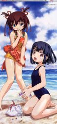 Rule 34 | 00s, 2005, 2girls, :d, bare shoulders, barefoot, beach, biting, black hair, blue eyes, blue one-piece swimsuit, blush stickers, bob cut, bow, brown hair, casual one-piece swimsuit, child, clothes pull, clothes writing, cloud, cloudy sky, dated, day, embarrassed, feet, feet out of frame, finger biting, flat chest, from side, full body, hair between eyes, hair ribbon, hand to own mouth, highres, hitotsubashi yurie, holding, japanese clothes, jpeg artifacts, kamichu!, kneeling, knees together feet apart, long image, looking at viewer, looking back, megami magazine, multiple girls, non-web source, ocean, official art, one-piece swimsuit, one-piece swimsuit pull, open mouth, outdoors, rake, red eyes, ribbon, sack, saegusa miko, scan, scan artifacts, school swimsuit, sea slug, seashell, shell, shirt tug, short hair, short twintails, sky, smile, soles, standing, swimsuit, swimsuit under clothes, tall image, tentacles, toes, twintails, two side up, uon taraku, water, yellow one-piece swimsuit