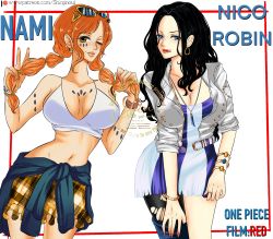 Rule 34 | 2girls, absurdres, artist request, black hair, blue eyes, bracelet, breasts, brown hair, character name, cleavage, clothes around waist, earrings, highres, jewelry, lady shin, large breasts, licking lips, long hair, midriff, miniskirt, multiple girls, nami (one piece), nico robin, one eye closed, one piece, orange hair, skirt, smile, source request, sunglasses on head, sweater, sweater around waist, tagme, tattoo, tongue, tongue out, torn clothes, twintails