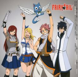 Rule 34 | 2boys, 2girls, ^ ^, abs, album cover, angel wings, arm up, armor, armpits, belt, black hair, blonde hair, boots, breasts, cat, cleavage, closed eyes, coat, copyright name, cover, dvd cover, erza scarlet, everyone, fairy tail, flying, gauntlets, gray fullbuster, grin, hair ribbon, happy, happy (fairy tail), large breasts, long hair, lucy heartfilia, multiple boys, multiple girls, muscular, natsu dragneel, pink hair, pleated skirt, red hair, ribbon, scan, short hair, side ponytail, skirt, smile, spiked hair, standing, standing on one leg, tank top, tattoo, thigh gap, trench coat, vest, whip, wings, wristband