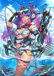Rule 34 | + +, 1girl, bikini, blue hair, breasts, eyewear on head, facial mark, fingerless gloves, gia, gloves, gun, highres, holding, holding gun, holding weapon, jacket, long hair, looking at viewer, mechanical arms, medium breasts, multicolored eyes, multicolored hair, multicolored nails, off shoulder, open mouth, original, partially unzipped, pink hair, semi-rimless eyewear, single fingerless glove, single mechanical arm, solo, sunglasses, swimsuit, twintails, two-tone hair, weapon
